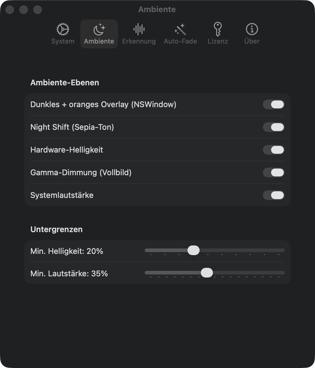 Ambiente-Einstellungen: Overlay, Night Shift, Hardware-Helligkeit, Gamma-Dimmen, Lautstärke, Untergrenzen