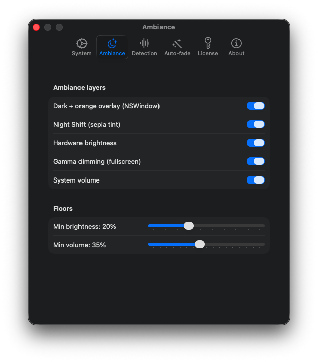 Ambiance settings: overlay, Night Shift, hardware brightness, gamma dimming, volume, floors