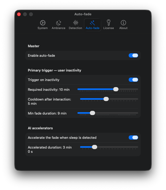 Auto-fade settings: inactivity trigger and AI accelerators