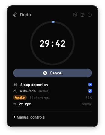 Dodo en marche : 29:42 sur l'anneau, détection du sommeil à l'écoute, fondu auto actif