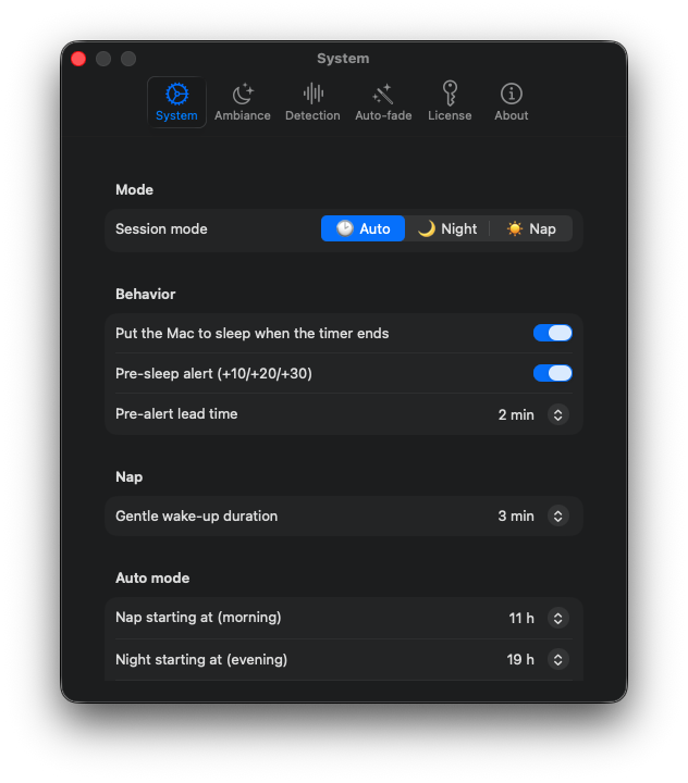 System settings: Auto, Night and Nap session modes