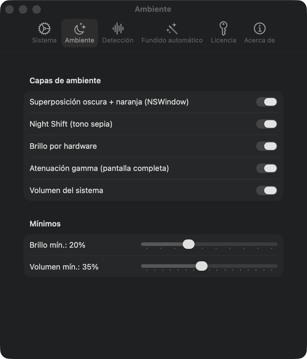 Ajustes de ambiente: velo, Night Shift, brillo del hardware, atenuación gamma, volumen, mínimos